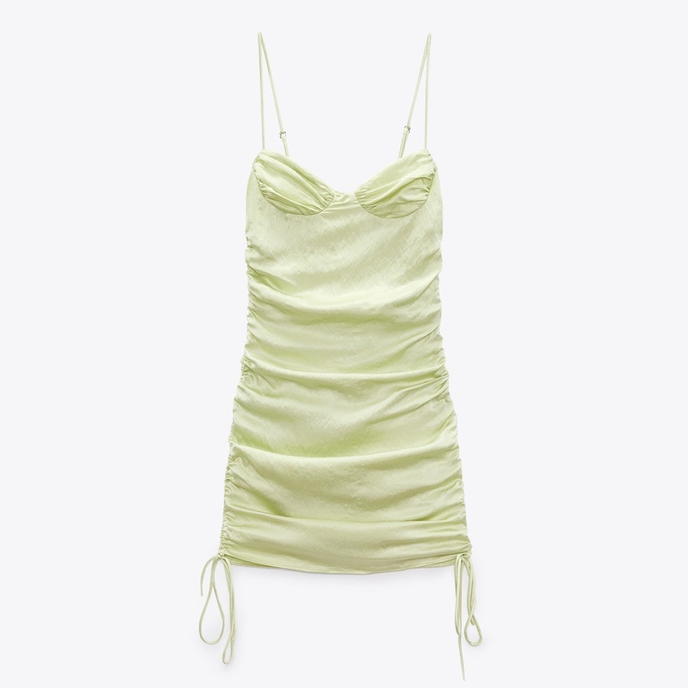 🌹NWT. Zara Mint Green Satin Effect Ruched Mini Dress with V-neck. Size S. - Picture 5 of 12